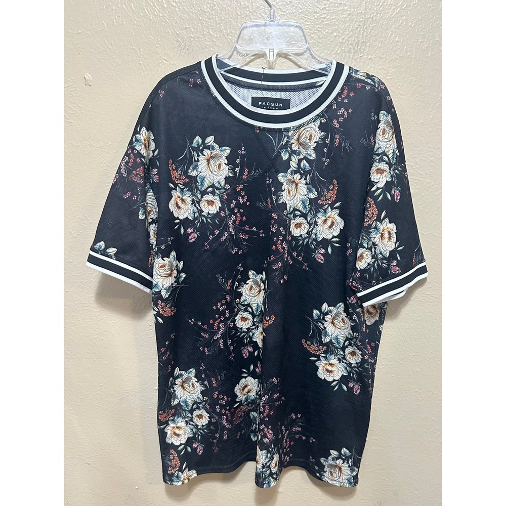 Pacsun Los Angeles Mens Floral Print T-Shirt Black White Trimmed Short Sleeve